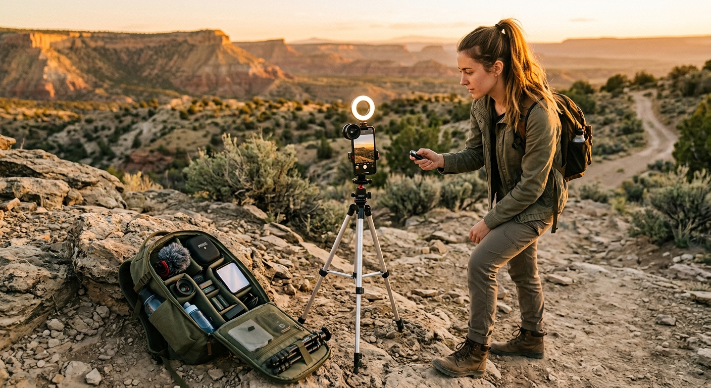 A creator using a phone tripod and ring light in the New Mexico landscape