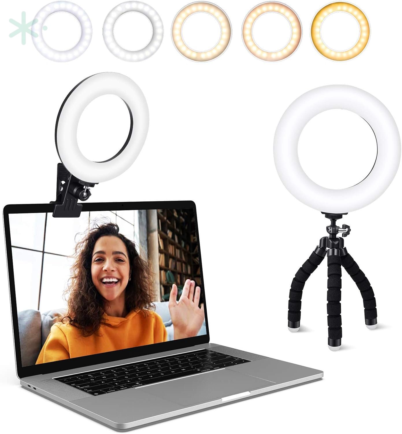 Video Conference Ring Light Kit — Clip-On + Tripod, 5 Colors & 5 Brightness Levels