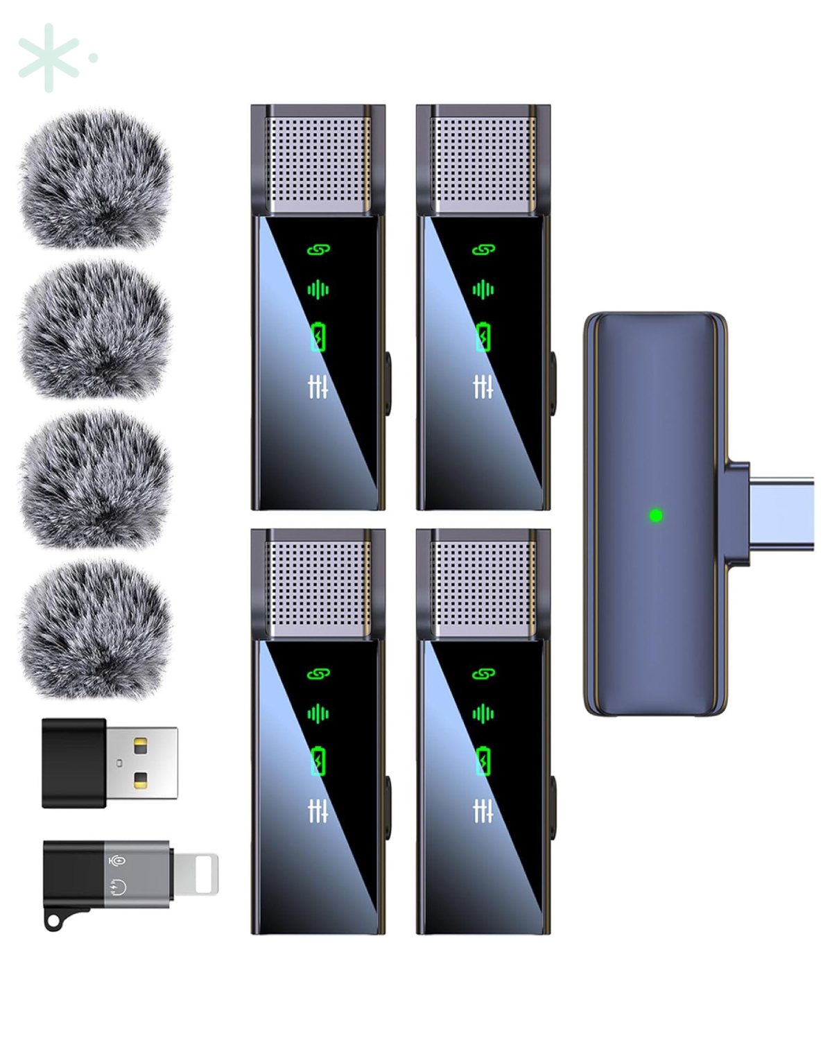 Wireless Lavalier Microphone System — 4 Mics, Noise Cancelling, USB-C & Lightning